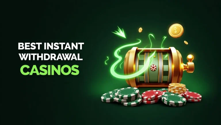 A modern, eye-catching banner image for “Best Instant Withdrawal Casinos.” Concept: sleek digital casino interface with glowing slot machines, poker chips, and playing cards, combined with fast transaction visuals like lightning bolts, speed lines, or digital wallets. Futuristic theme with green and gold highlights, symbolizing money and speed. Professional, high-resolution, website-ready design.